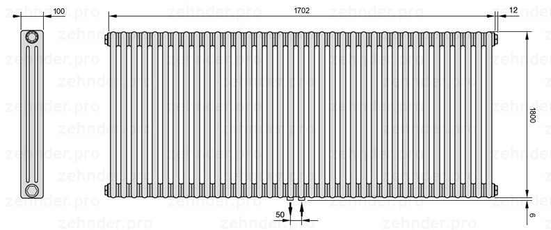 Схема (чертеж) Радиатор Zehnder Charleston 3180/37 №5410 Technoline TL